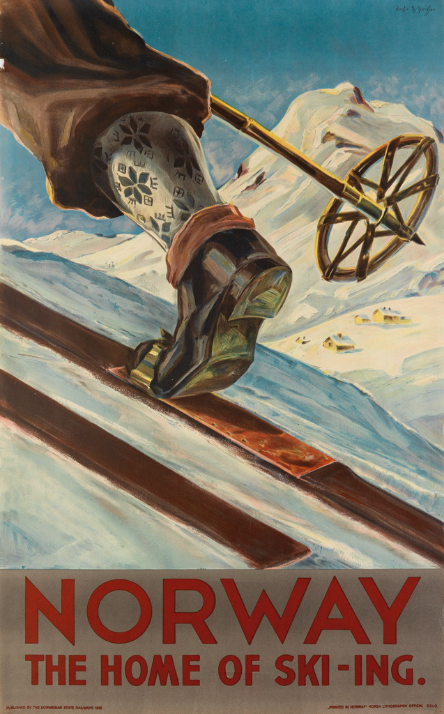 DAGTIN TH. HANSSEN (DATES UNKNOWN). NORWAY / THE HOME OF SKI - ING. 1935. 39x24 inches, 99x61 cm. Norsk Lithografisk Officin, Oslo.